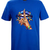 Blue t-shirt with a colorful graphic design on a white background