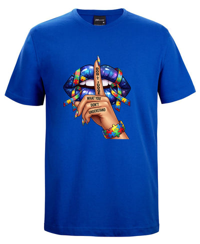 Blue t-shirt with a colorful graphic design on a white background