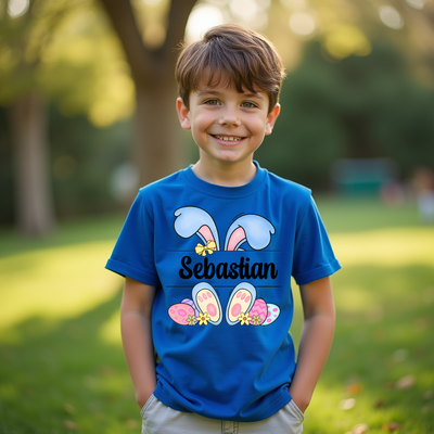 Child wearing a blue t-shirt with bunny ears and 'Sebastian' text in a park setting