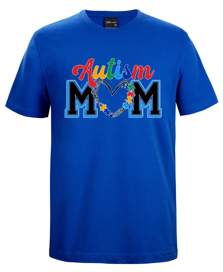 Blue t-shirt with 'Autism Mum' text and heart design on a white background