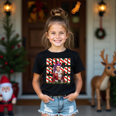 Christmas K-Pop 3D Art Demon Hunters Graphic Tee featuring Rumi, festive holiday fashion, streetwear style.