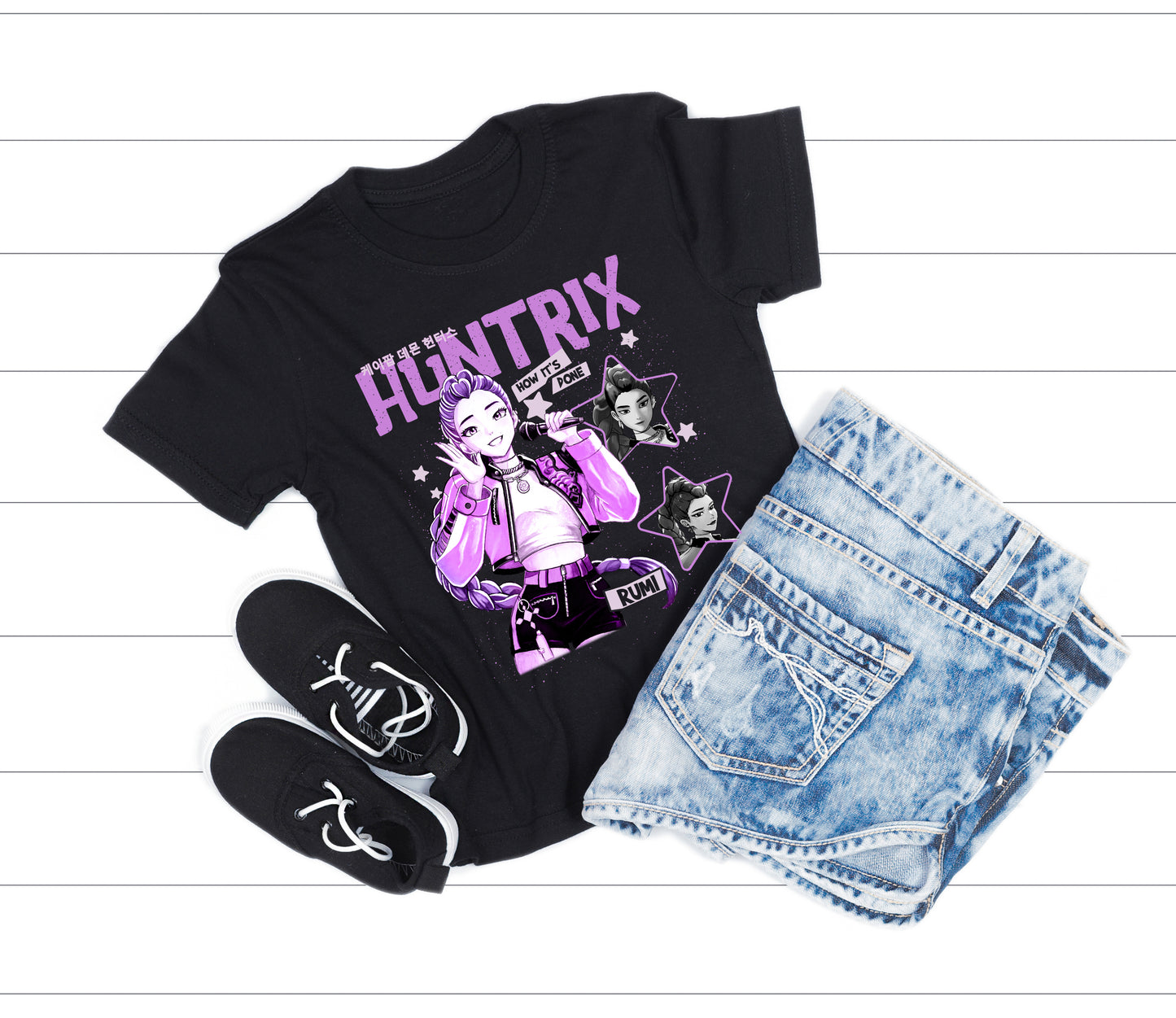 rumi K-pop inspired graphic t-shirt flat lay view