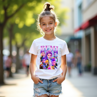 K-Pop Bootleg Style Graphic T-shirt with Demon Hunter idol design Rumi