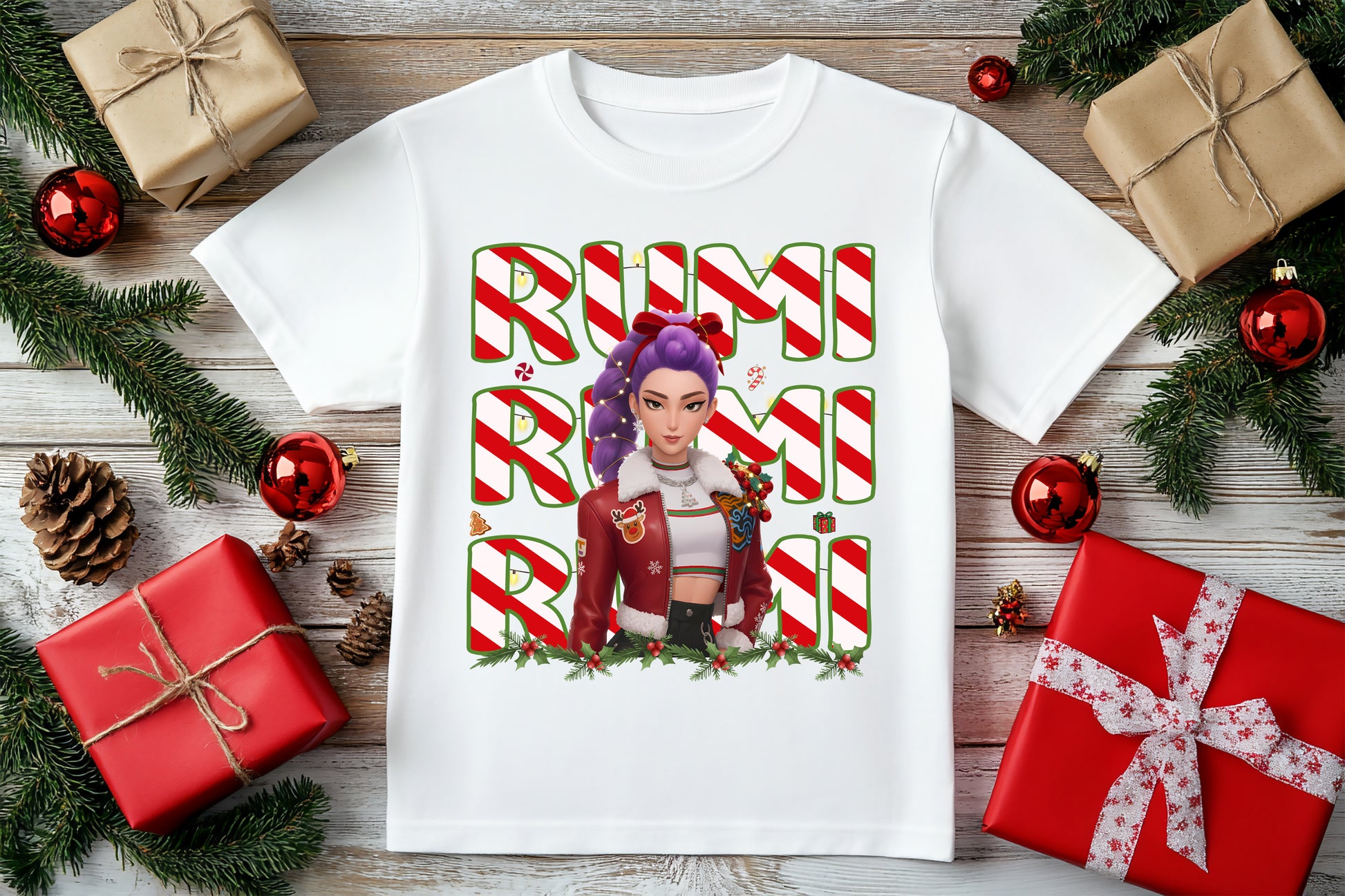 Rumi 3D Art Demon Hunters Christmas K-Pop graphic t-shirt, bold seasonal streetwear for fans.