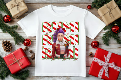 Rumi 3D Art Demon Hunters Christmas K-Pop graphic t-shirt, bold seasonal streetwear for fans.