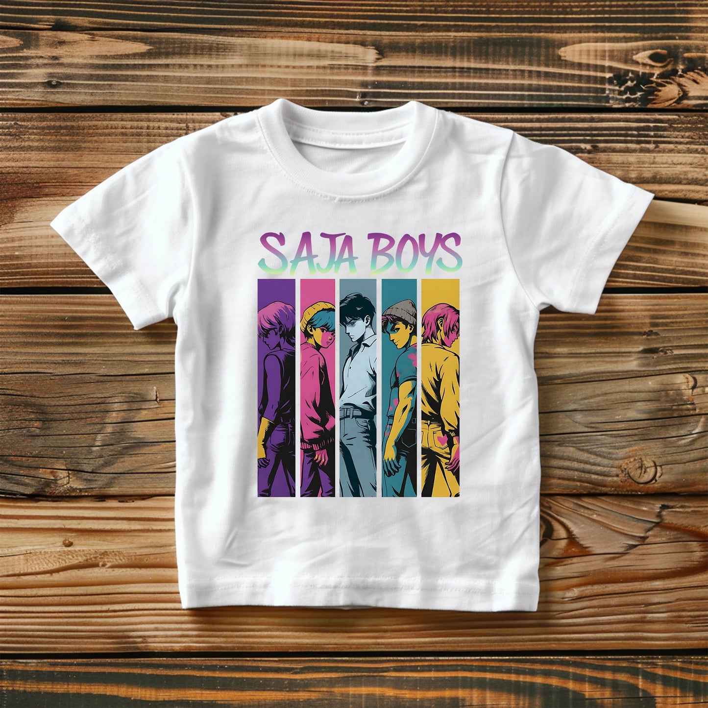 K-Pop Demon Hunters t-shirt featuring Saja Boys in squad layout