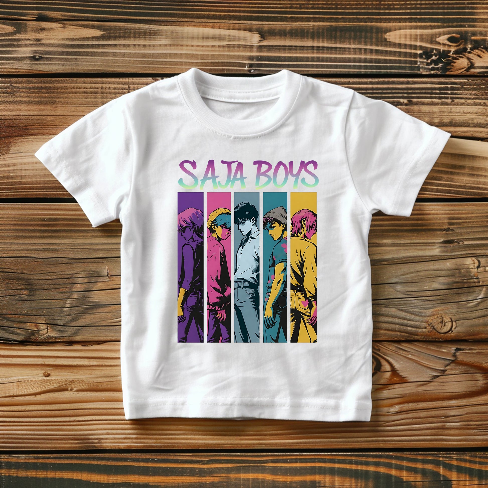 K-Pop Demon Hunters t-shirt featuring Saja Boys in squad layout