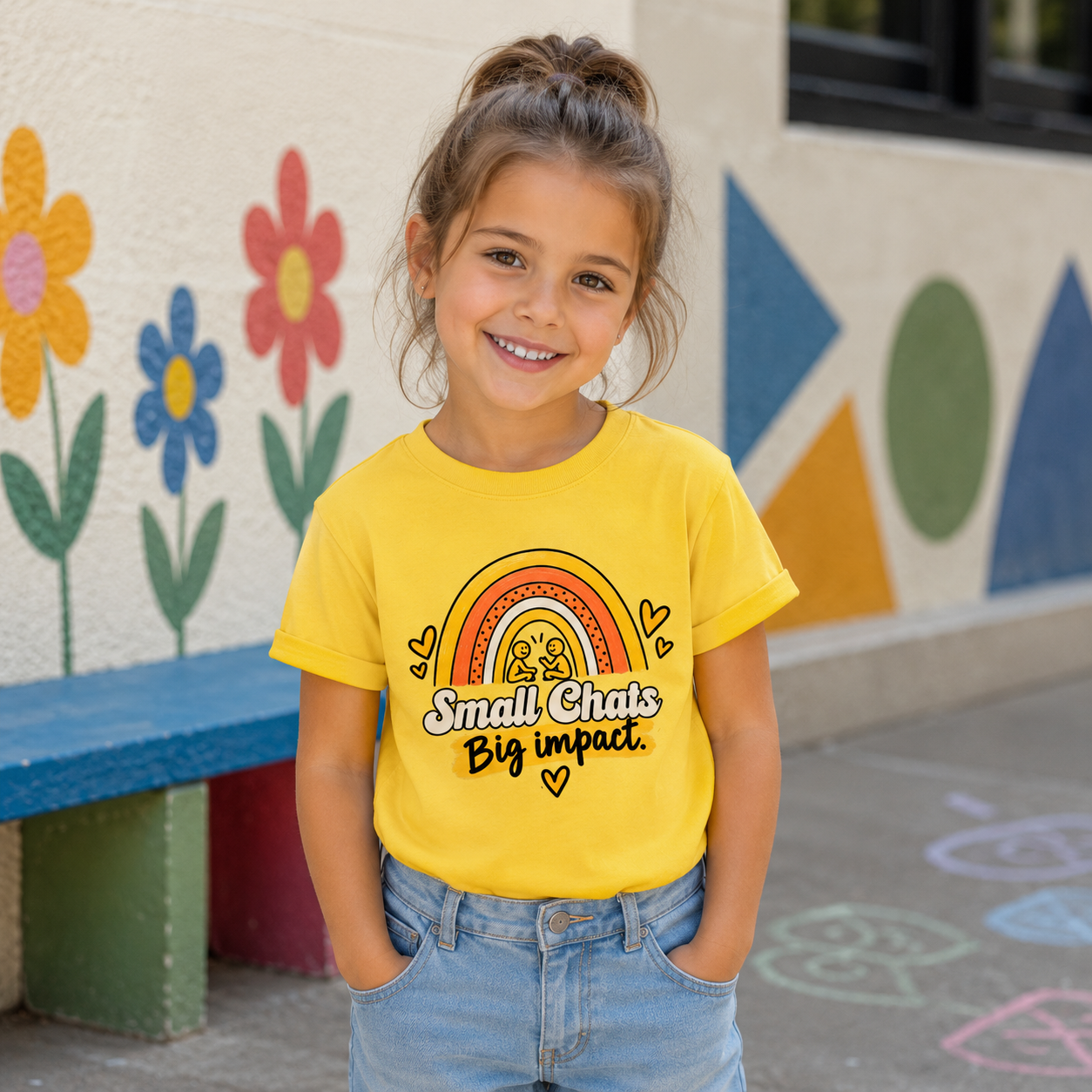 A young girl with her hair in a high ponytail smiles while wearing a bright yellow graphic t-shirt that reads 'Small Chats Big impact.' in front of a colorful, flower-decorated wall.