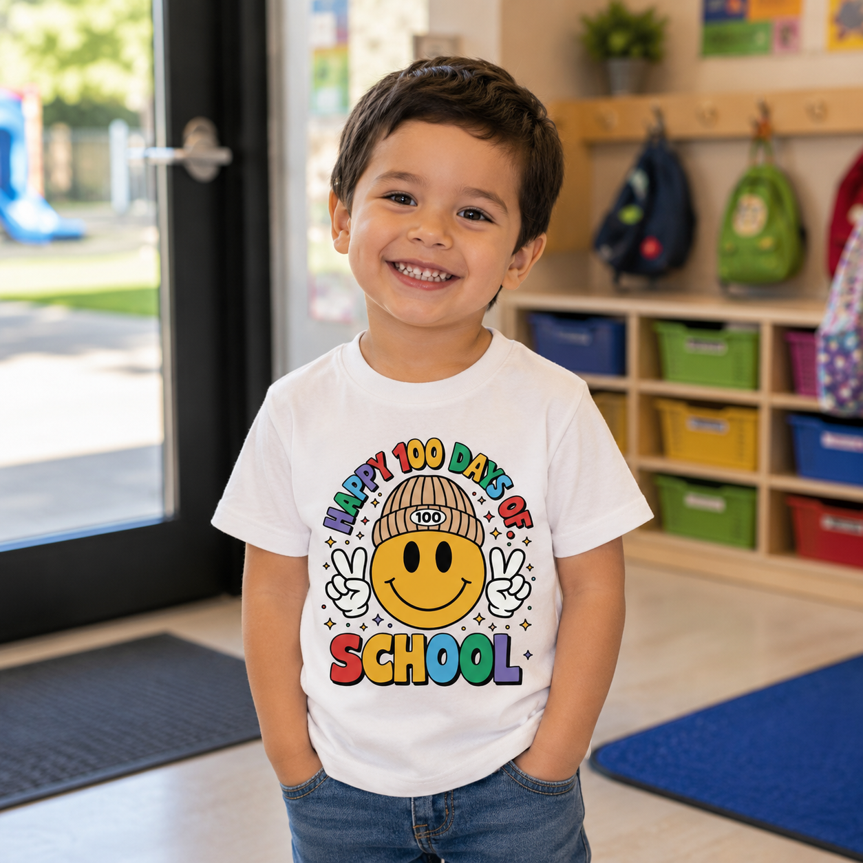 A young boy smiling in a classroom, wearing a white graphic t-shirt that reads 'Happy 100 Days of School' with a yellow smiley face wearing a beanie and peace signs.