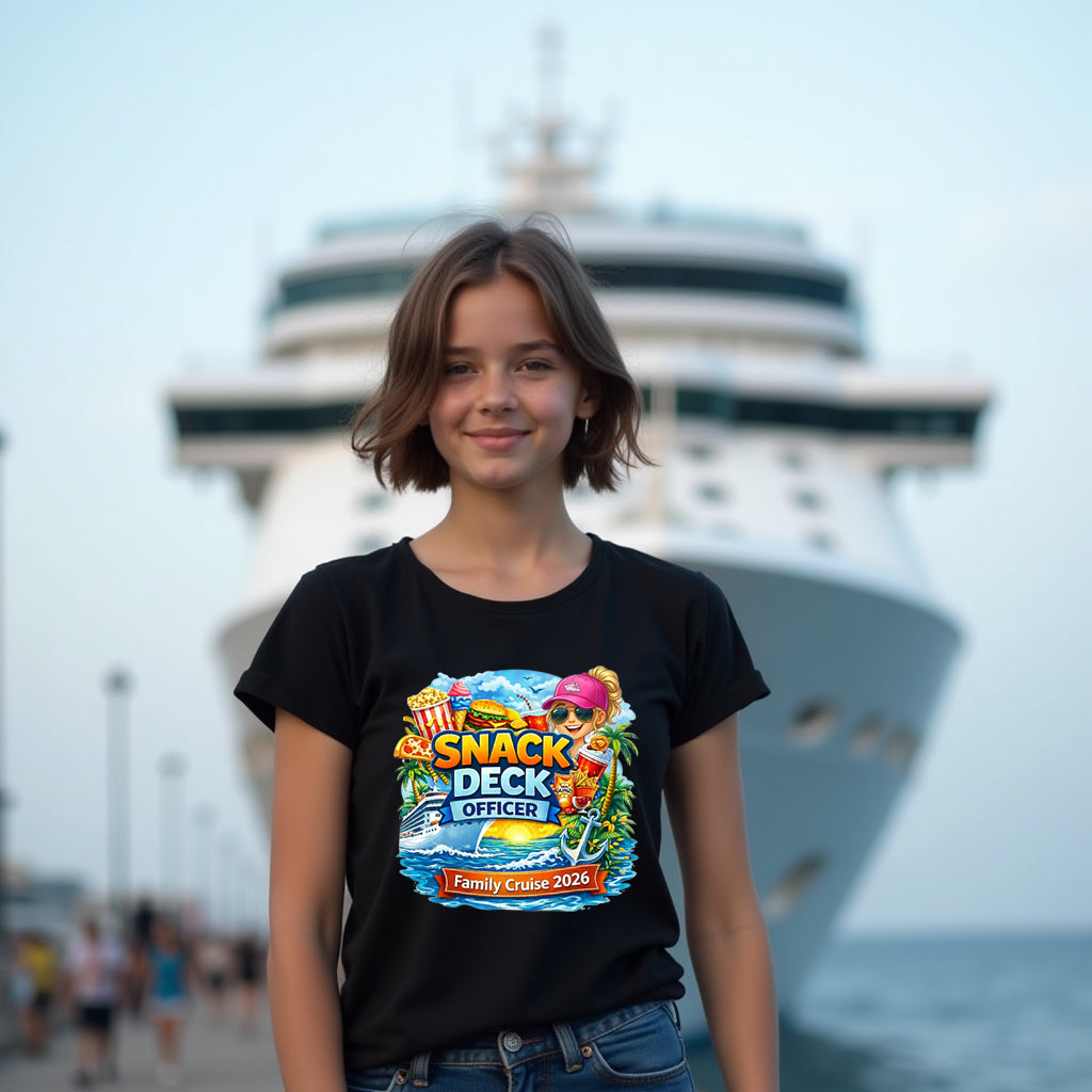 Girl wearing a 'Snack Deck Officer' t-shirt with a cruise ship in the background