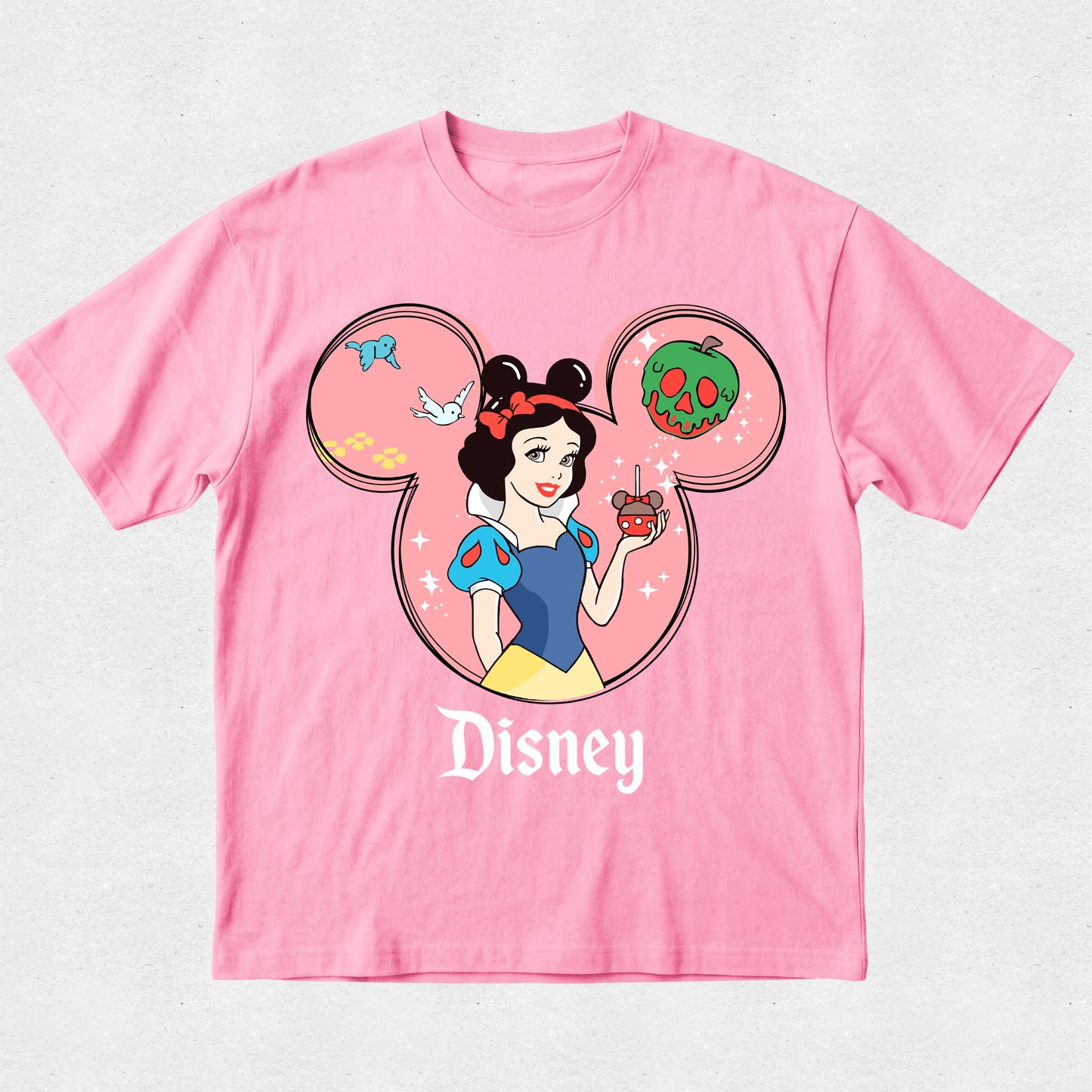 Pink t-shirt with Disney character design on a light gray background