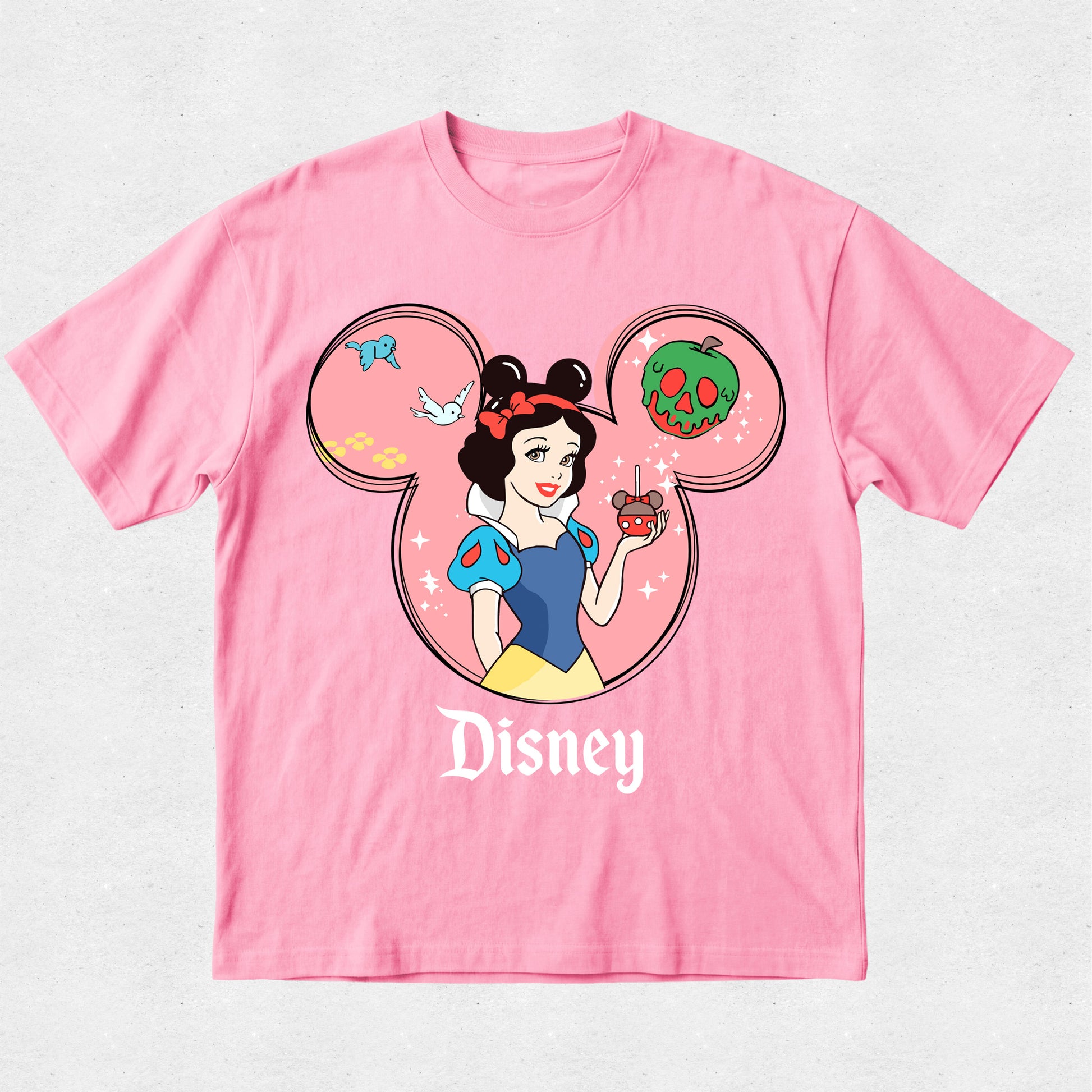 Pink t-shirt with Disney character design on a light gray background