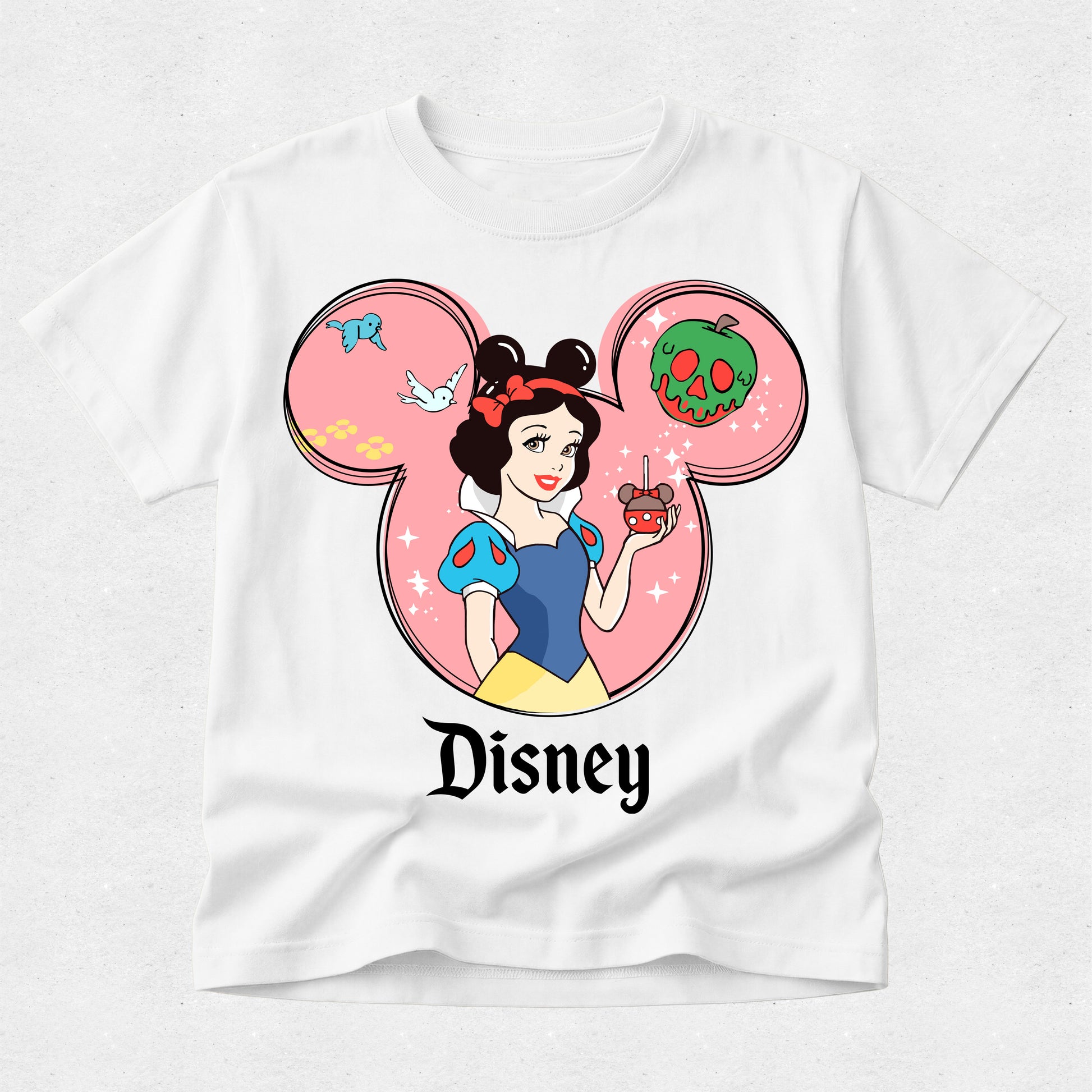 White t-shirt with Snow White design and Disney logo on a white background