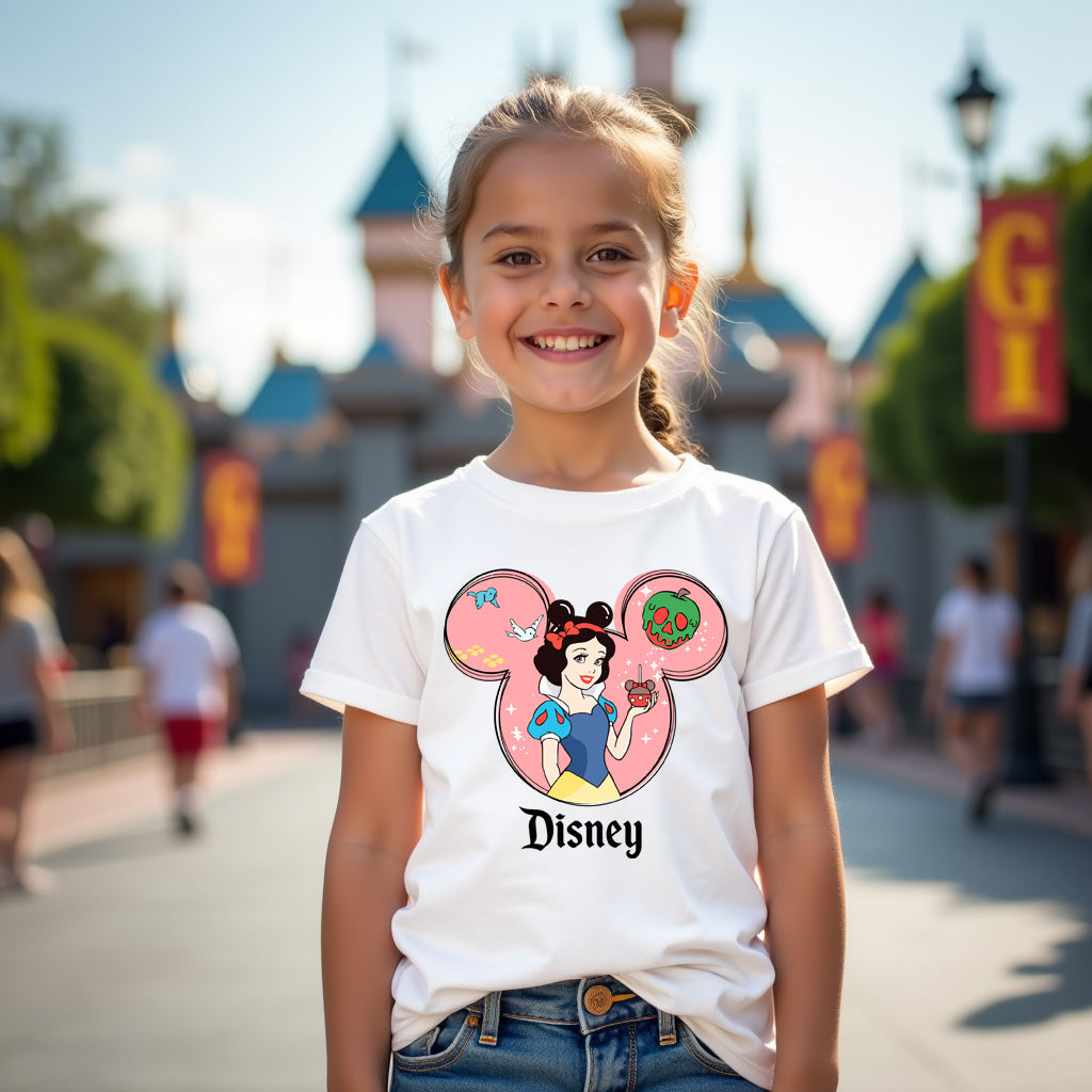 Young girl wearing a Disney-themed t-shirt with a castle in the background