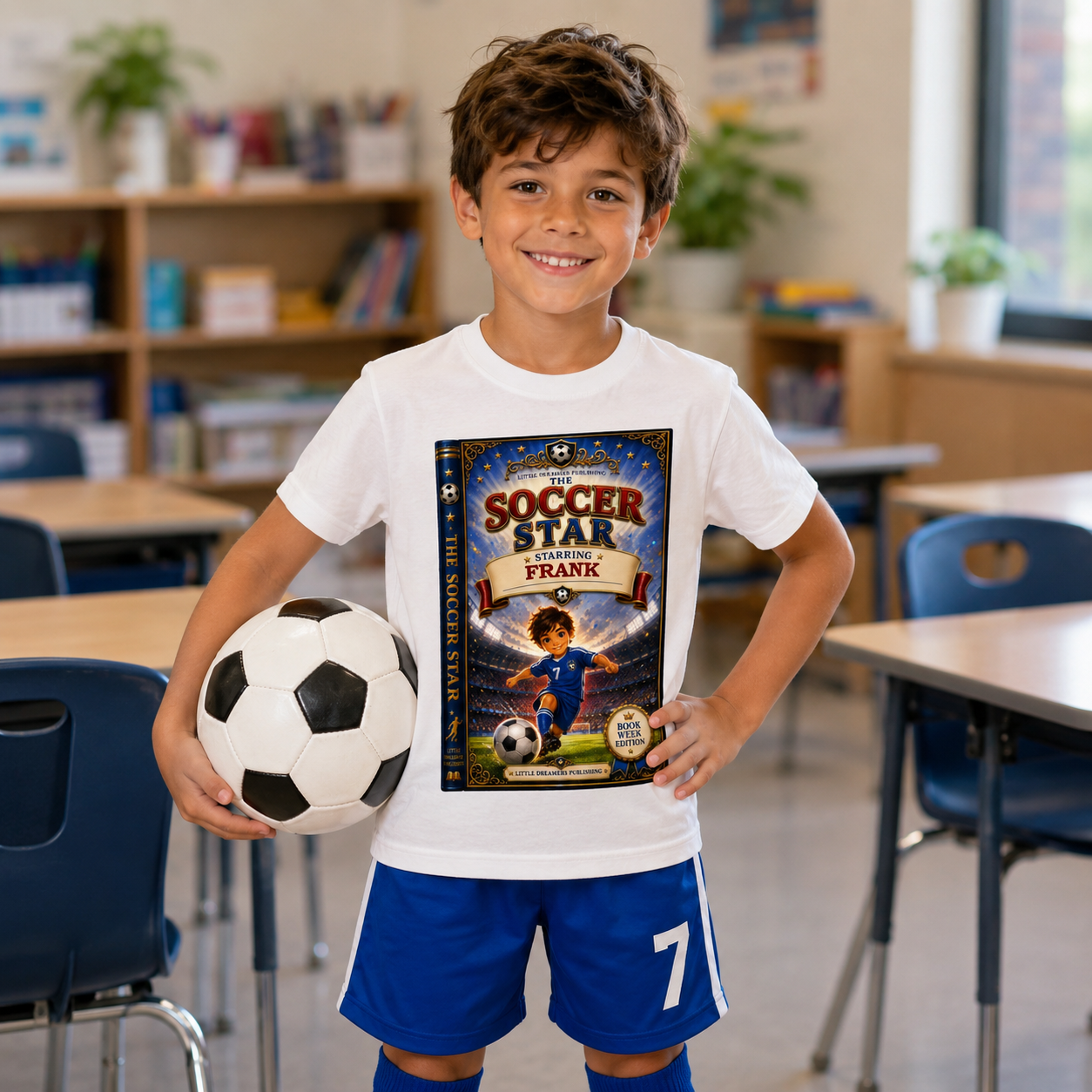 A young boy stands in a classroom holding a soccer ball, wearing a white graphic t-shirt with a 'Soccer Star of Frank' print and blue athletic shorts.