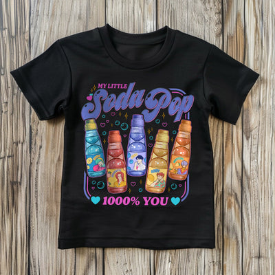 Close-up of 5 sodas design on My Little Soda Pop K-Pop graphic tee