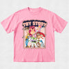 Pink t-shirt with Toy Story character graphic on a light gray background