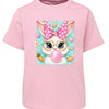 Pink t-shirt with a cartoon bunny wearing glasses and a polka dot bow, blowing a bubble gum bubble.