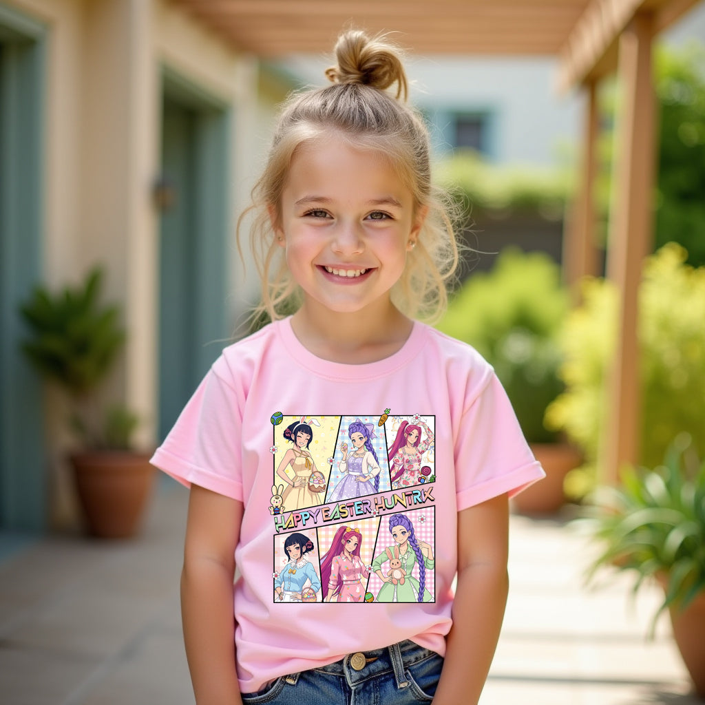 Young girl wearing a pink kpop easter t-shirt with a colorful graphic design outdoors.