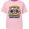 Pink t-shirt with Easter graphic and text on a white background