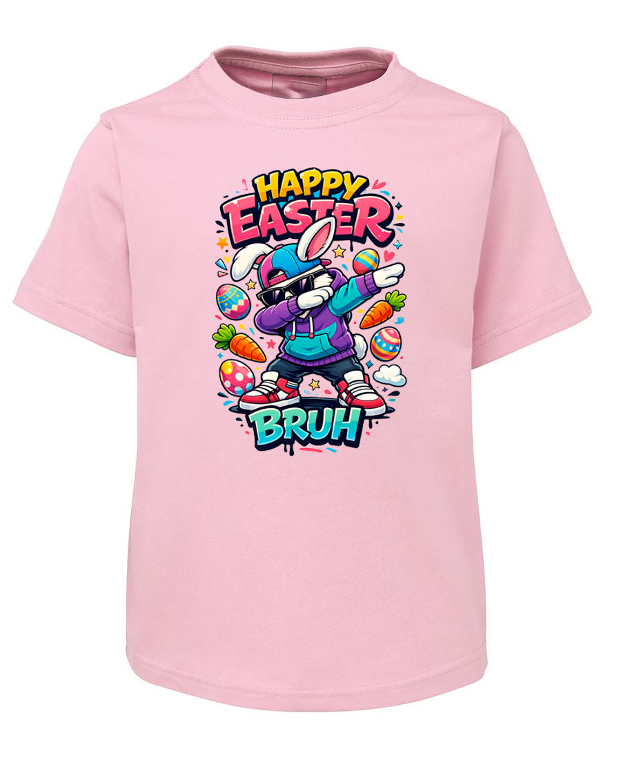 Pink t-shirt with 'Happy Easter Bruh' graphic design on a white background