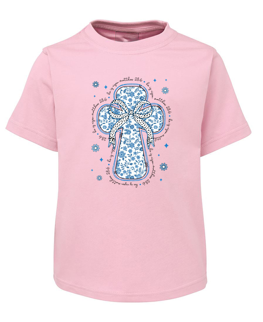 He Is Risen Christian T-Shirt- Blue Cross with Bow Easter Tee