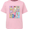Pink t-shirt with colorful character graphics and 'Happy Easter' text on a white background