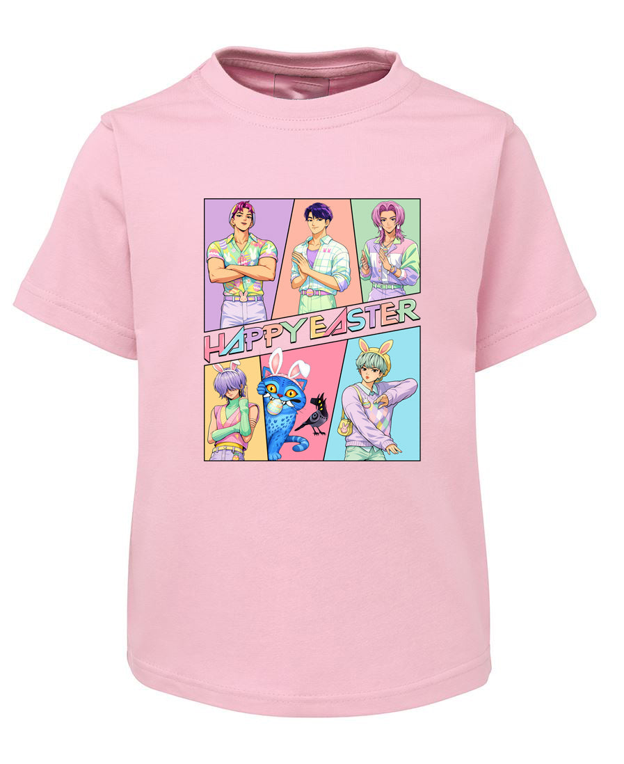 Pink t-shirt with colorful character graphics and 'Happy Easter' text on a white background