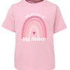Pink t-shirt with rainbow and heart design, text 'Promoted to Big Sister' on a white background