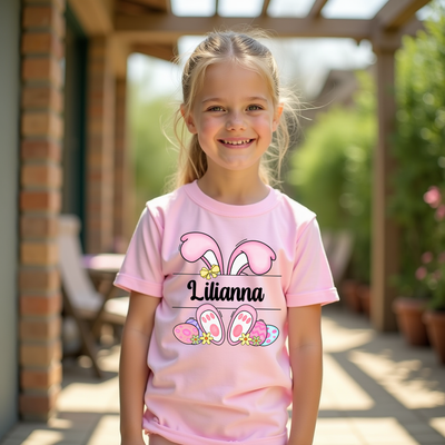 Young girl wearing a pink t-shirt with bunny ears and 'Lilianna' printed on it, standing outdoors.