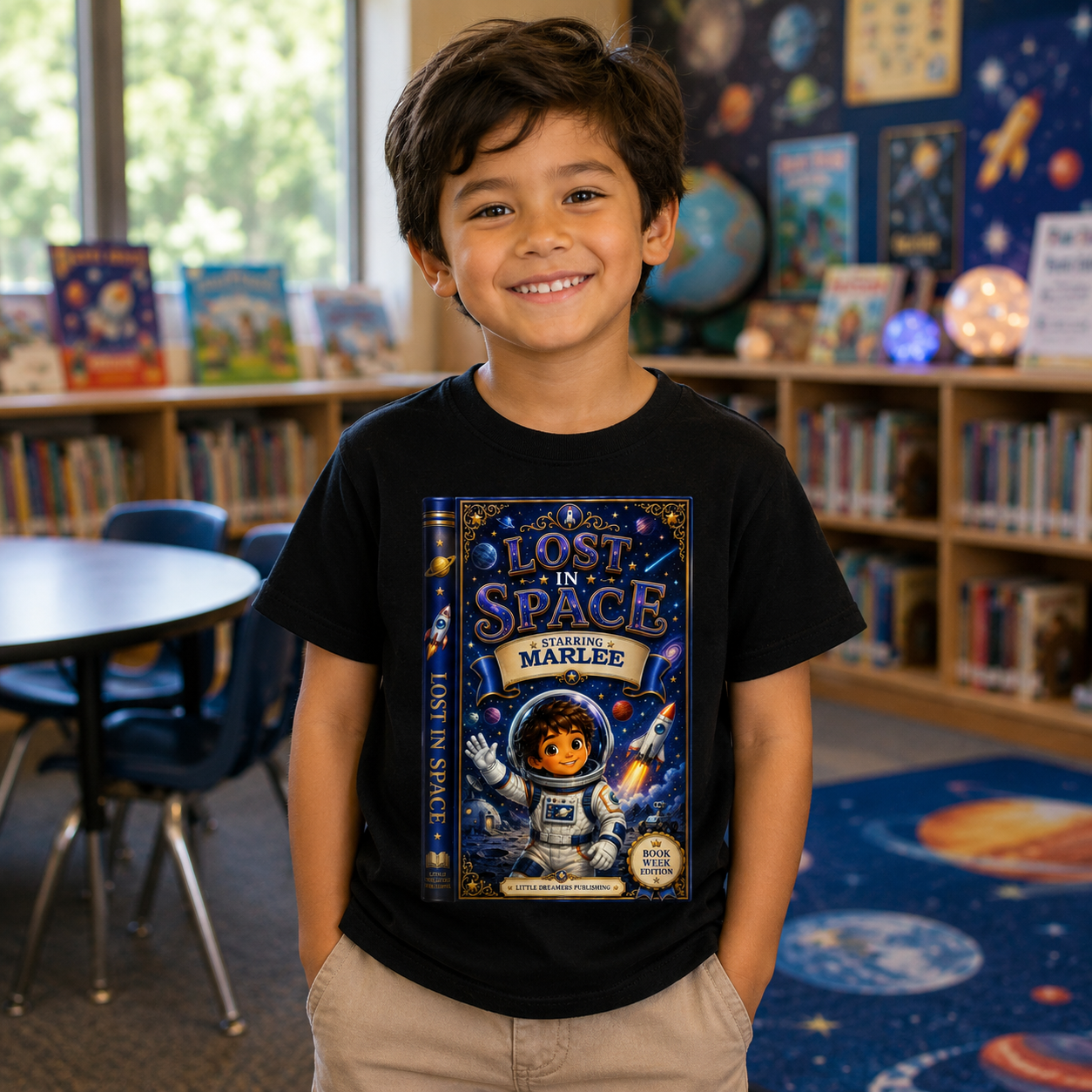 A smiling young boy stands in a children's bookstore or classroom wearing a black graphic T-shirt. The shirt features a large colorful print of a book cover titled 'Lost in Space' with the name 'Marlee' and an astronaut illustration.