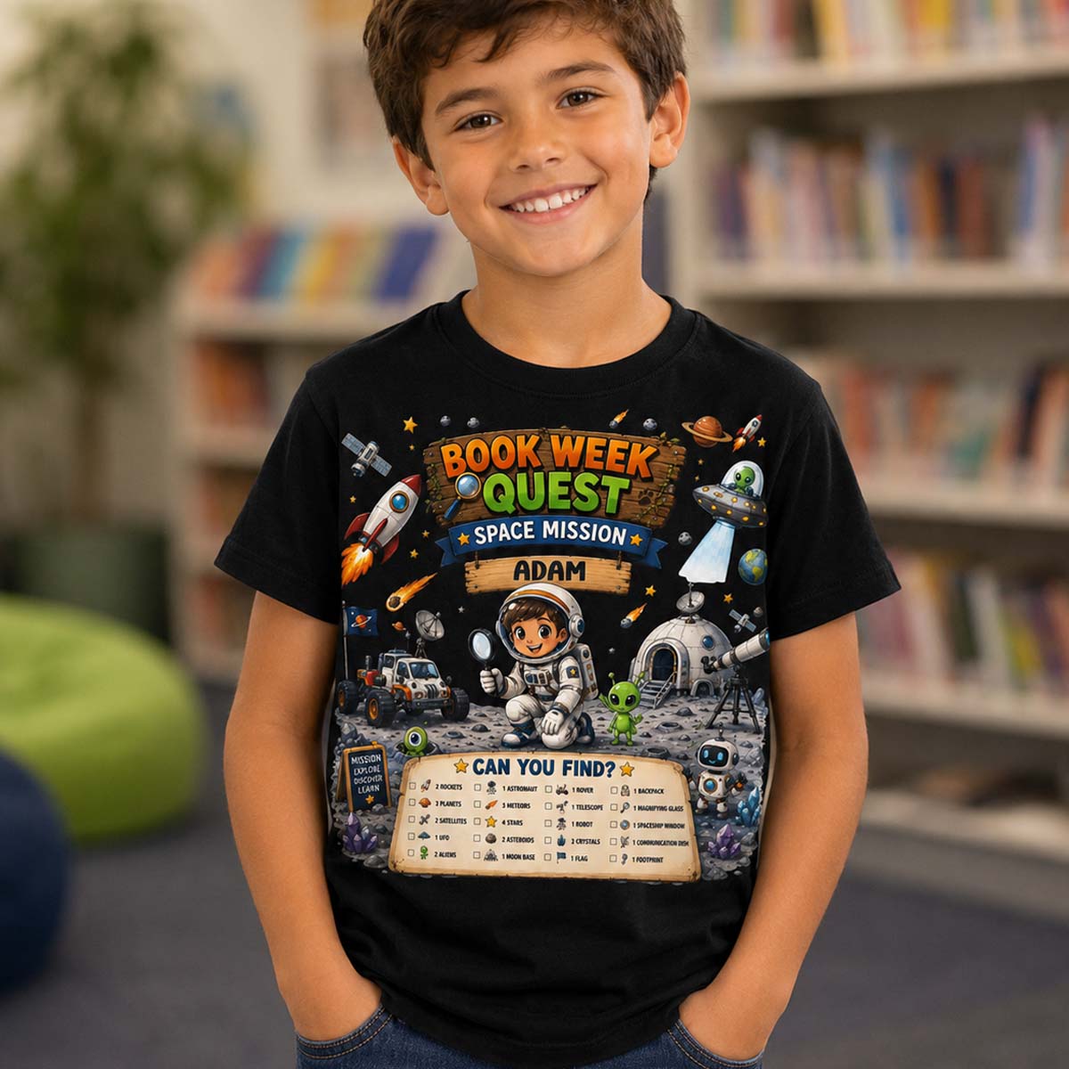 boy wearing book week quest can you find interatvie shirt