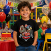 Child wearing a black t-shirt with a number 4 design at a birthday party.