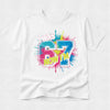 White t-shirt with colorful graphic text design on a white background