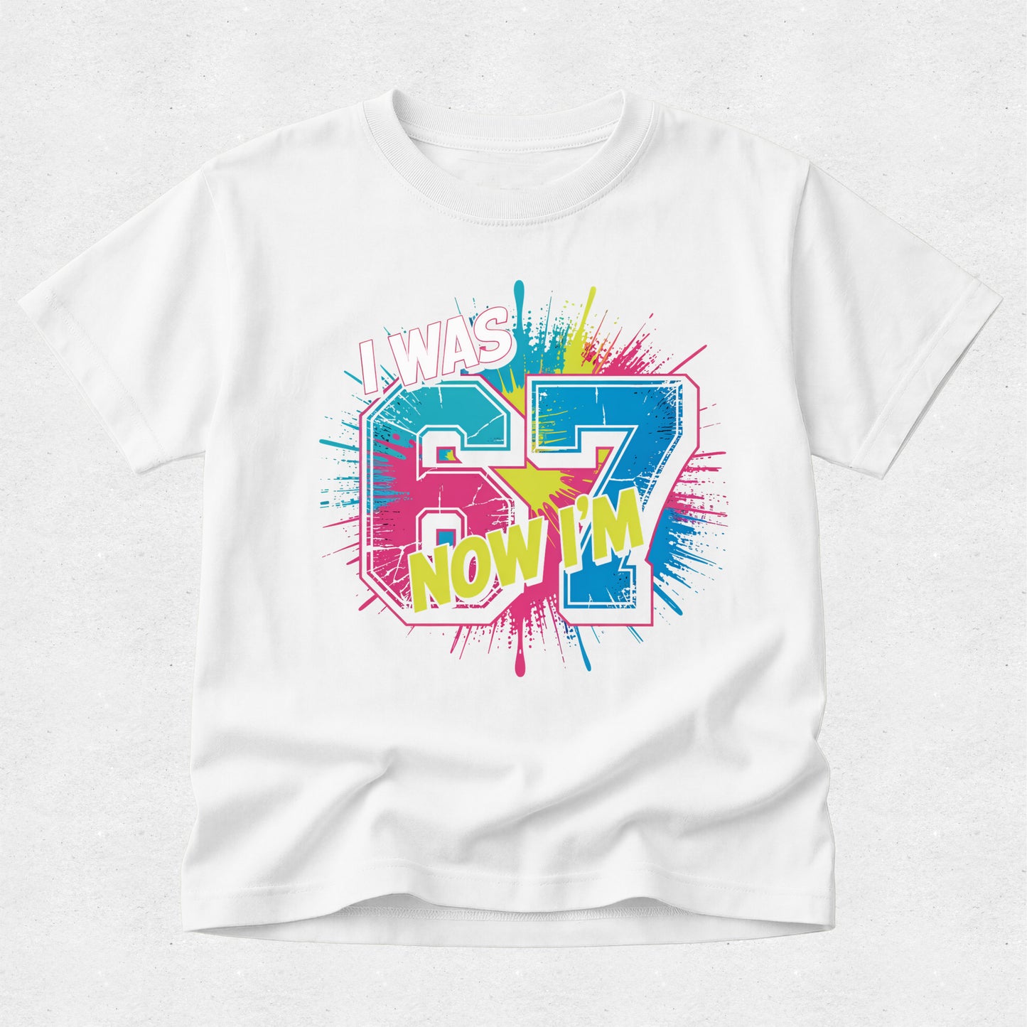 White t-shirt with colorful graphic text design on a white background