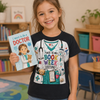 A young girl smiling in a classroom setting, wearing a black graphic t-shirt with a white and teal doctor costume print and holding a matching 'I Want to Be a DOCTOR' book.