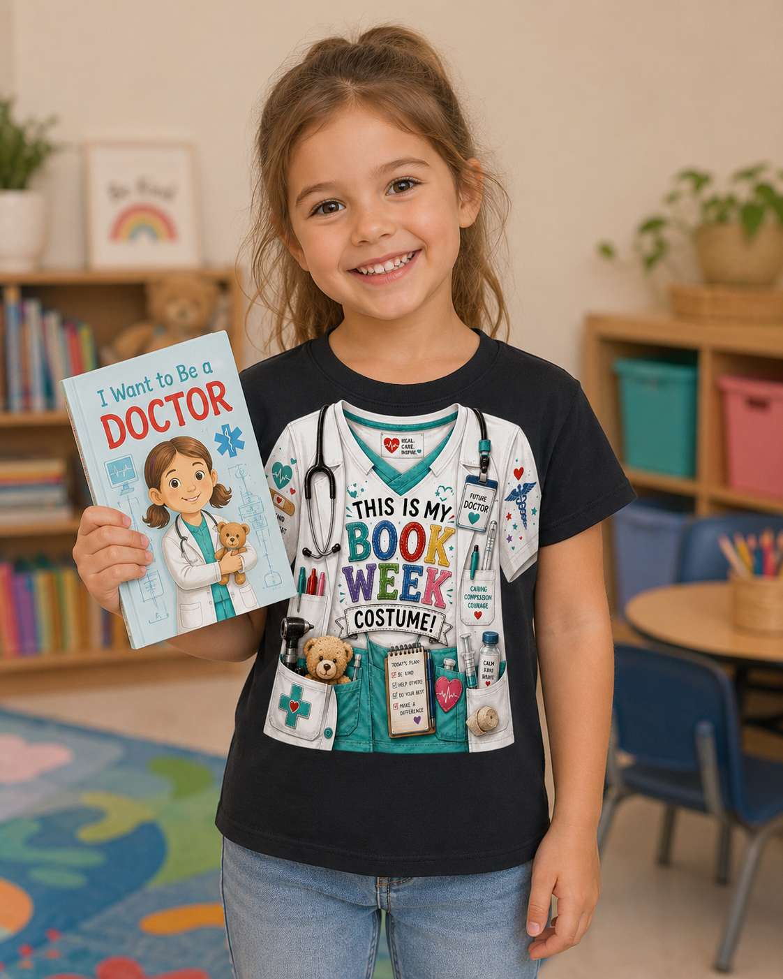 A young girl smiling in a classroom setting, wearing a black graphic t-shirt with a white and teal doctor costume print and holding a matching 'I Want to Be a DOCTOR' book.