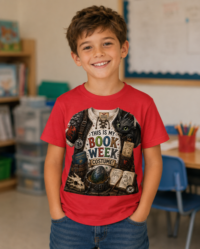 A young boy smiling in a classroom, wearing a red graphic t-shirt that reads 'THIS IS MY BOOK WEEK COSTUME' with a collage of books, skulls, and a cat.