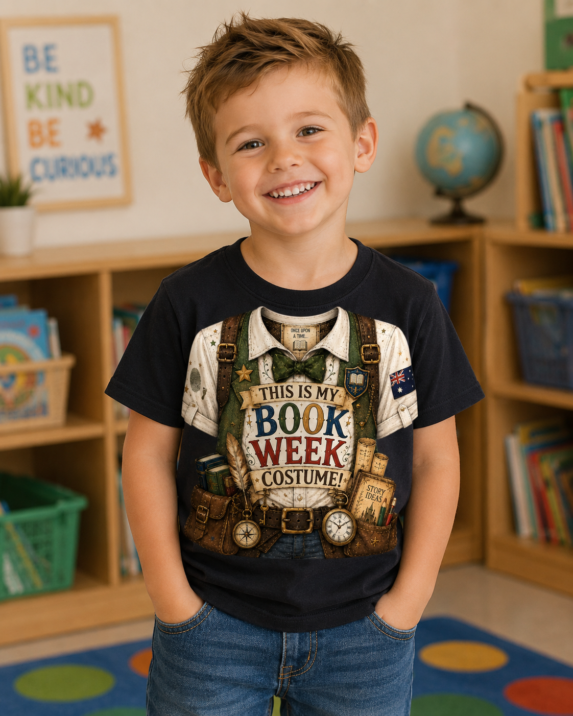 A young boy smiling in a classroom setting, wearing a navy blue graphic t-shirt with a vintage bookist costume print that reads 'THIS IS MY BOOK WEEK COSTUME!' and blue jeans.