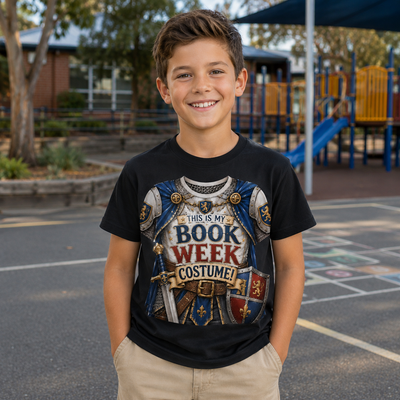 A smiling young boy stands outdoors in a playground setting wearing a black graphic t-shirt with a medieval knight costume design and the text 'THIS IS MY BOOK WEEK COSTUME!'.