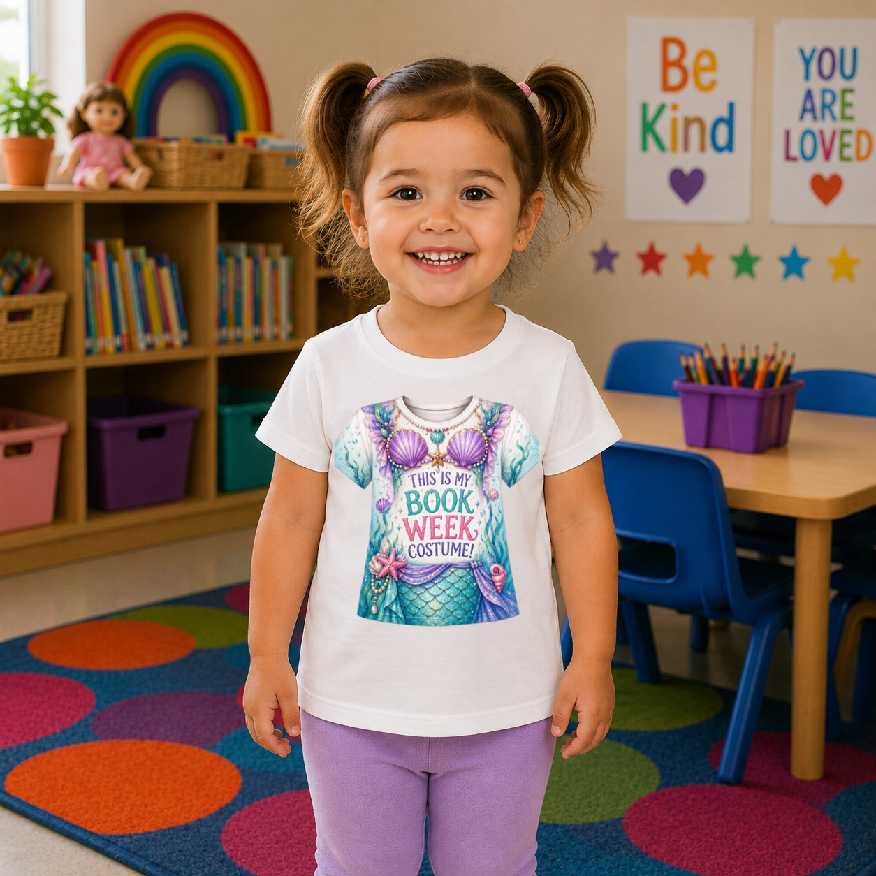 A young girl with pigtails stands in a colorful children's classroom wearing a white graphic t-shirt that says 'THIS IS MY BOOK WEEK COSTUME!' with a mermaid design, paired with purple leggings.
