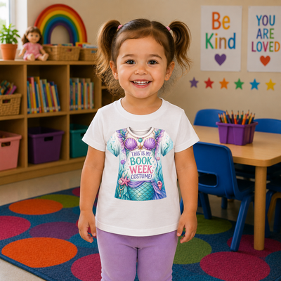 A young girl with pigtails stands in a colorful children's classroom wearing a white graphic t-shirt that says 'THIS IS MY BOOK WEEK COSTUME!' with a mermaid design, paired with purple leggings.