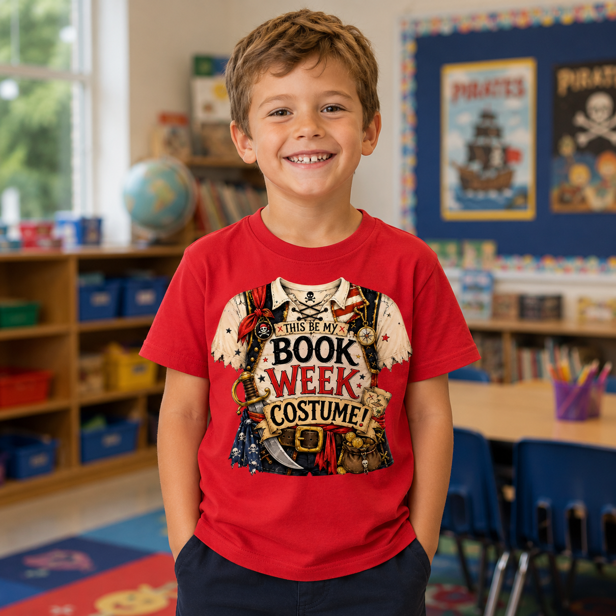 A young boy smiling in a classroom, wearing a red short-sleeve t-shirt with a pirate-themed 'Book Week Costume' graphic print on the front.