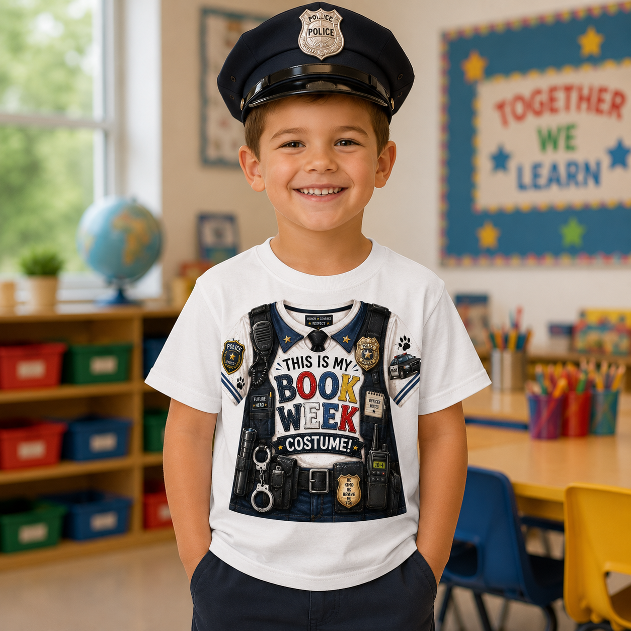 A young boy smiling in a classroom, wearing a white graphic t-shirt with a police officer costume print and a black police hat.