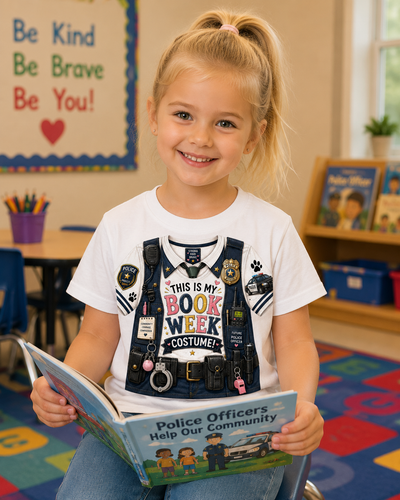 A young girl with blonde hair in a ponytail smiles while holding an open book in a classroom. She is wearing a white graphic t-shirt featuring a detailed police officer costume design with badges, a helmet, and the text 'THIS IS MY BOOK WEEK COSTUME!'.