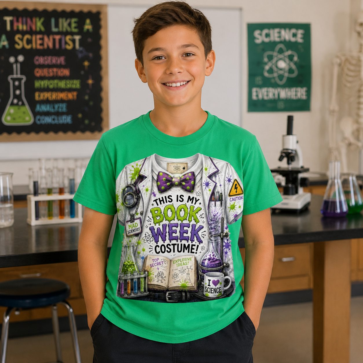 A smiling young boy stands in a science classroom wearing a bright green graphic t-shirt with a detailed 'Book Week Costume' print featuring a lab coat, beakers, and books.