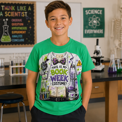 A smiling young boy stands in a science classroom wearing a bright green graphic t-shirt with a detailed 'Book Week Costume' print featuring a lab coat, beakers, and books.