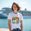 Person wearing a 'Sun Deck Queen Family Cruise 2026' t-shirt with a cruise ship in the background.
