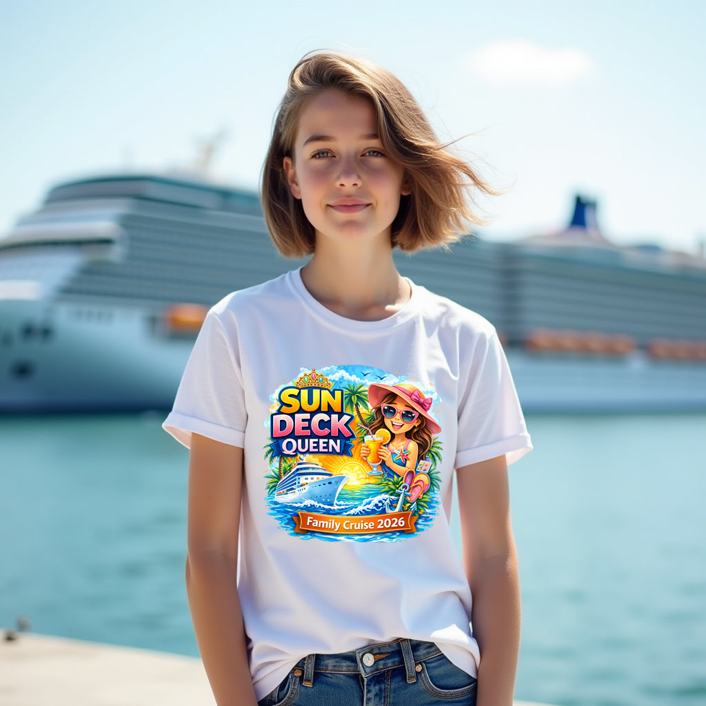 Person wearing a 'Sun Deck Queen Family Cruise 2026' t-shirt with a cruise ship in the background.