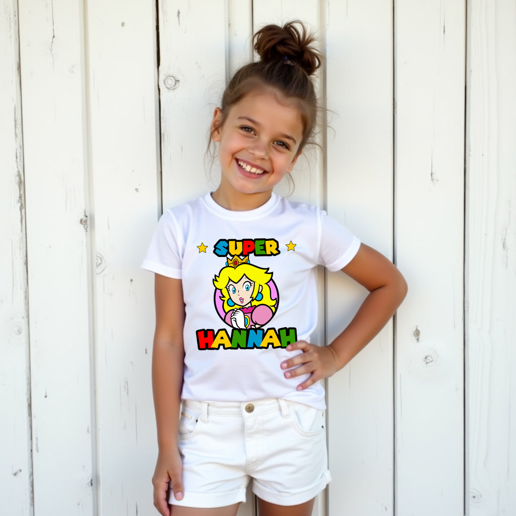 Front view of customizable Super Mario Birthday Bash T-shirt with space for name and age